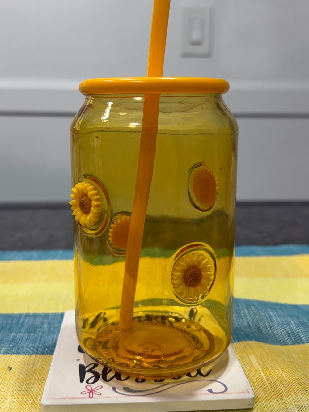 Glass Sunflower Tumbler with Yellow Lid & Straw